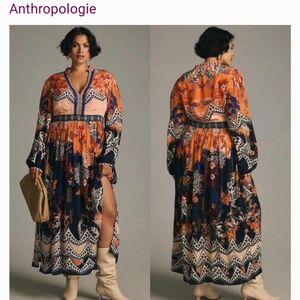 Anthropologie Orange & Navy Floral Maxi Dress